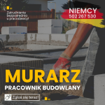 Pracownik ogólnobudowlany – Murarz. Niemiecka umowa, praca od zaraz. Niemcy